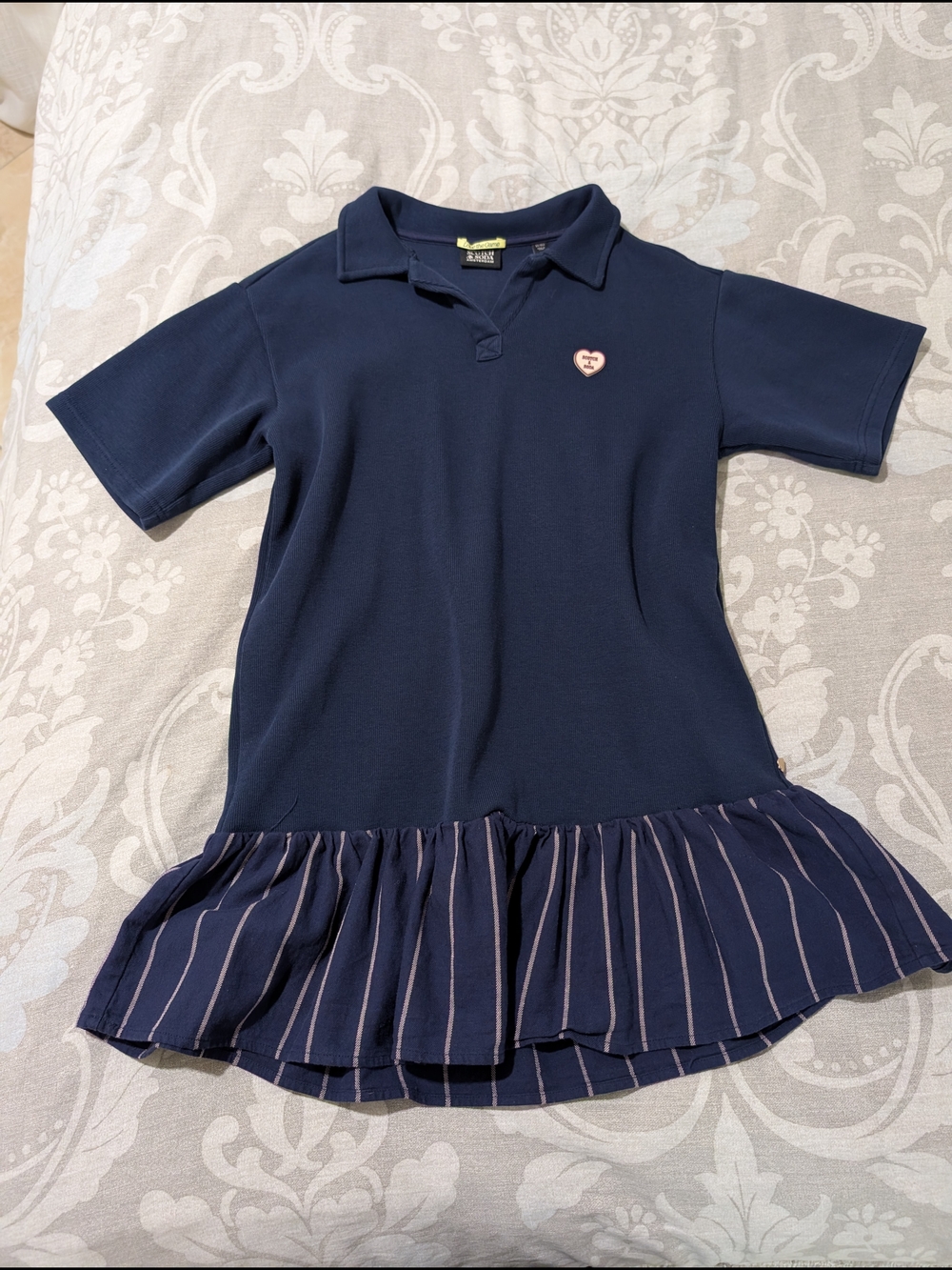 Scotch & Soda Navy Polo Dress with Striped Ruffle Hem Size 12